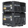 Stapelbarer V-Mount-Akku mit 143 Wattstunden für digitale Cine-Kameras wie ARRI ALEXA Mini oder RED Monstro; zwei D-Tap- und ein USB-Ausgang versorgen Zubehör. IDX IPL-150 stapelbarer V-Mount-Lithium-Ionen-Akku mit 143 Wattstunden und PowerLink.