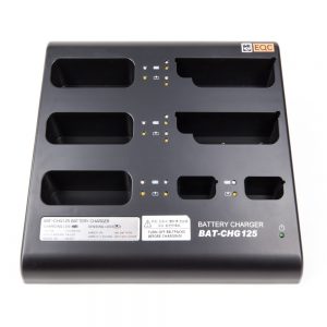 LaON BAT-CHG 125 Ladegerät für Intercom-Akkus mit sechs Ladeschächten und LED-Statusanzeige.