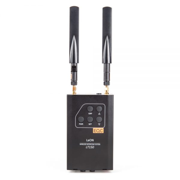 LaON LT150 Intercom-Basisstation mit Bedientasten PWR, OFF und SET sowie zwei Antennen.