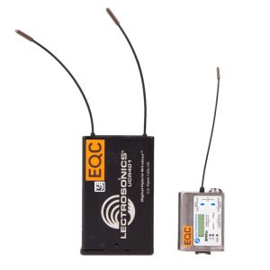 Lectrosonics UCR401 Empfänger mit SMa Taschensender, beide mit ausklappbaren Antennen.