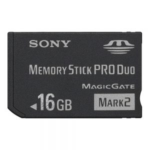 Sony Memory Stick Pro Duo Speicherkarte der Mark-2-Generation mit 16 GB Kapazität und MagicGate-Kopierschutz.