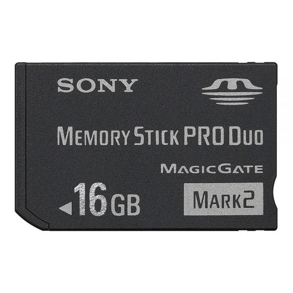 Sony Memory Stick Pro Duo Speicherkarte der Mark-2-Generation mit 16 GB Kapazität und MagicGate-Kopierschutz.