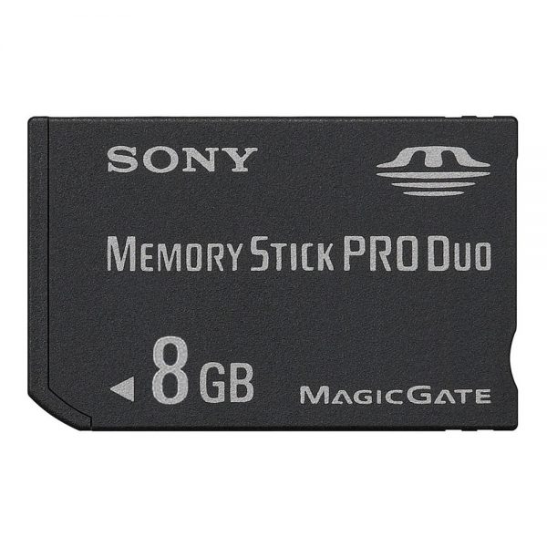 Sony Memory Stick Pro Duo Speicherkarte mit 8 GB Kapazität und MagicGate-Kopierschutz.