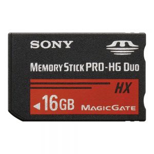Sony Memory Stick Pro-HG Duo HX Speicherkarte mit 16 GB Kapazität und rot-schwarzem HX-Design.