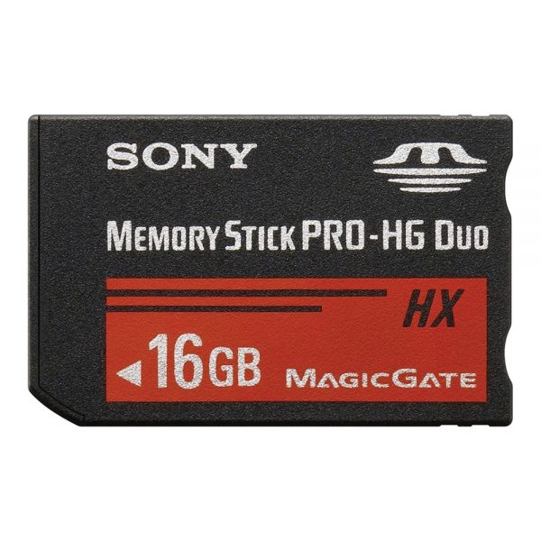 Sony Memory Stick Pro-HG Duo HX Speicherkarte mit 16 GB Kapazität und rot-schwarzem HX-Design.