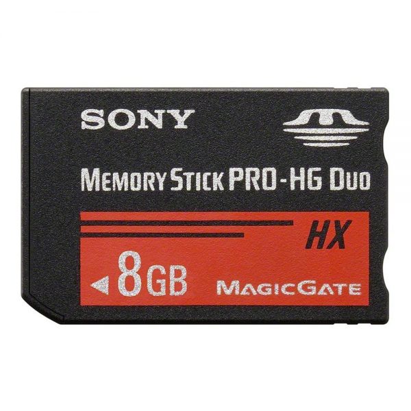 Sony Memory Stick Pro-HG Duo HX Speicherkarte mit 8 GB Kapazität und rot-schwarzem HX-Design.