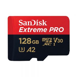 SanDisk Extreme PRO microSDXC-Speicherkarte mit 128 GB Kapazität, A2- und V30-Rating für 4K-Video.