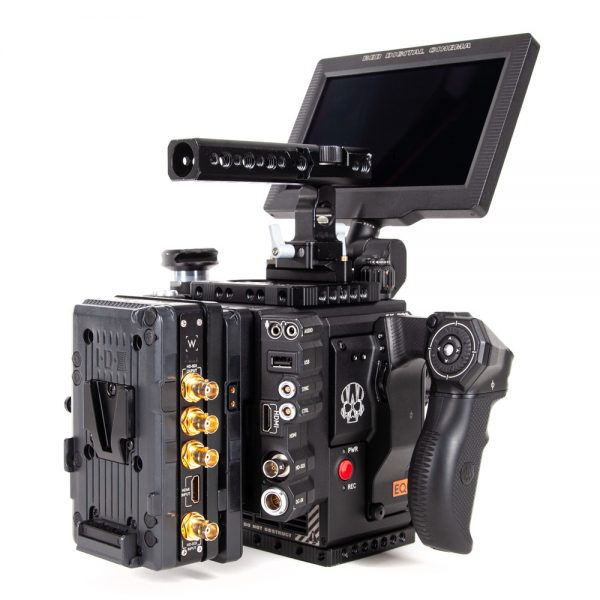 RED DSMC2 Gemini 5K mit Seitengriff und 7" Monitor ist eine Kinokamera mit GEMINI-15,4-Megapixel-Sensor.