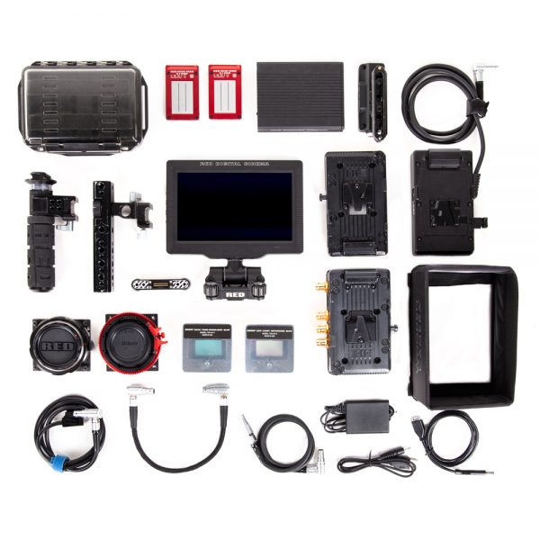 RED DSMC2 Gemini 5K mit Seitengriff und 7" Monitor ist eine Kinokamera mit GEMINI-15,4-Megapixel-Sensor.