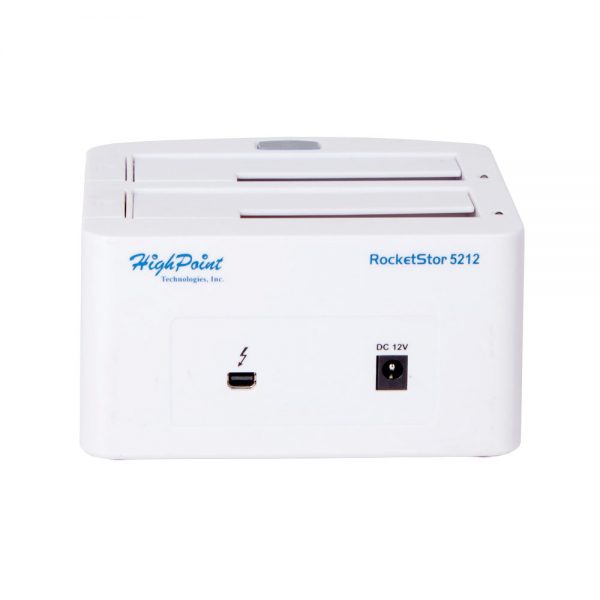 RocketStor 5212 Thunderbolt-Dockingstation mit Thunderbolt-Port und externem Netzteilanschluss.