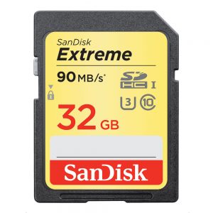 SanDisk Extreme SDHC-Speicherkarte mit 32 GB Kapazität und einer Lesegeschwindigkeit von bis zu 90 MB/s.