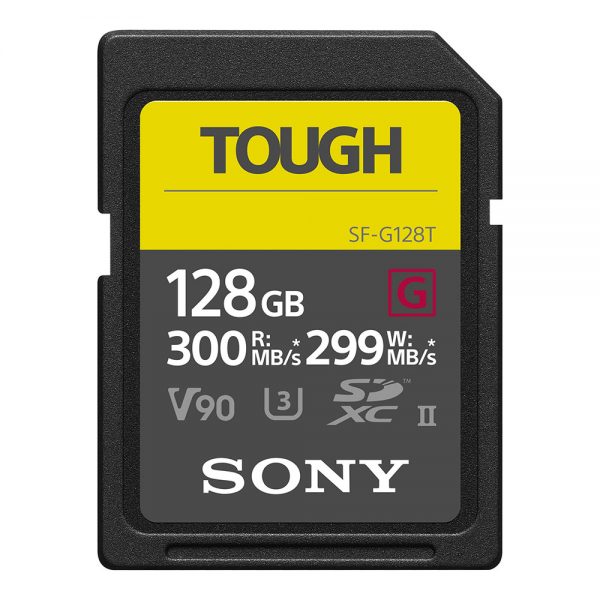 Sony SF-G Tough SDXC-Speicherkarte mit 128 GB Kapazität und IP68-Schutz gegen Staub und Wasser.