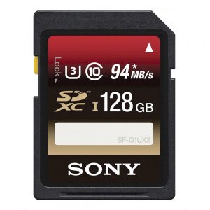 Sony SDXC-Speicherkarte mit 128 GB Kapazität und der Geschwindigkeitsklasse UHS-I U3.
