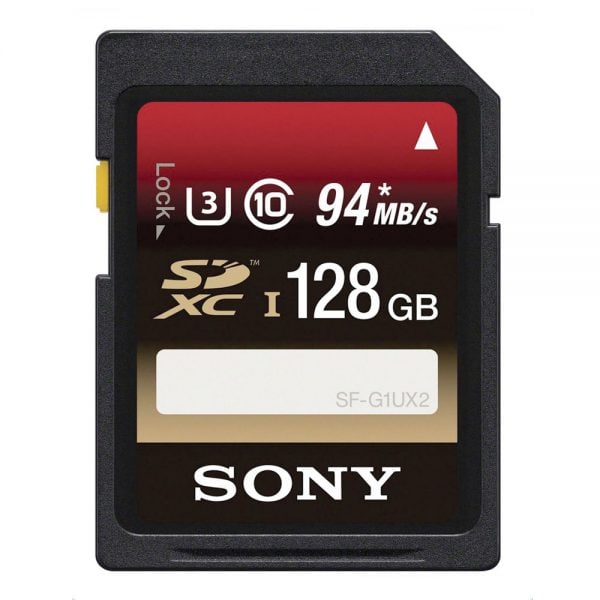 Sony SDXC-Speicherkarte mit 128 GB Kapazität und der Geschwindigkeitsklasse UHS-I U3.