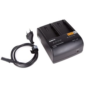 SWIT S-3602U Doppel-Ladegerät für zwei Sony-BP-U-Akkus mit beiliegendem Netzkabel.
