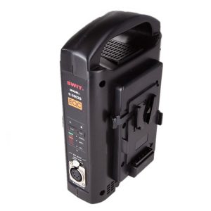 SWIT S-3802S Doppel-Ladegerät für zwei V-Mount-Akkus mit XLR-Ausgang und Betriebsschaltern.