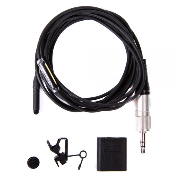 Sanken COS-11D PT Lavalier-Mikrofon im Lieferumfang mit Ansteckclip und Windschutz.