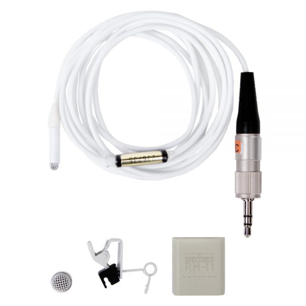 Sanken COS-11D PT Lavalier-Mikrofon im Lieferumfang mit Ansteckclip und Windschutz.