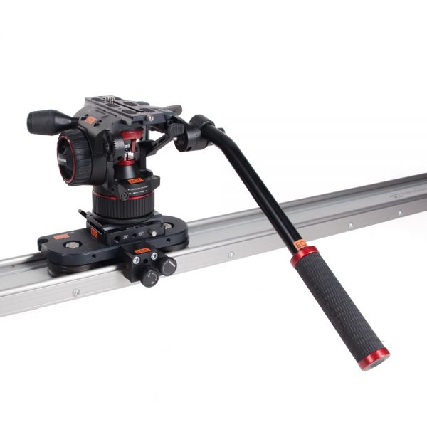 Slidekamera X-Slider System, Kamera-Slider-Wagen mit montiertem Manfrotto-Nitrotech-N8-Fluidkopf.