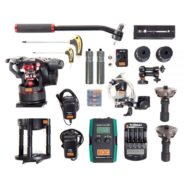 Slidekamera X-Slider System, Kamera-Slider-Set mit Antriebsmotor, Fluidkopf, Akkus und Fernbedienung.