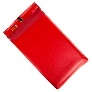 Knieschoner 30 x 18 x 6 cm aus rotem Vinyl mit schwarzer Stoffschlaufe und Reißverschluss.