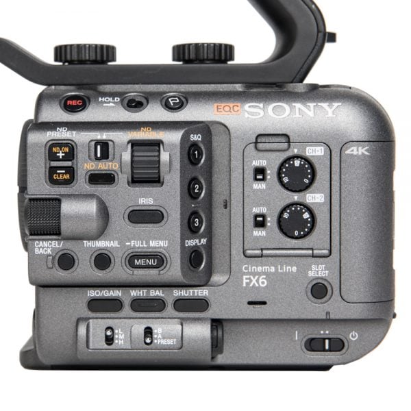 Sony FX6, kompakte Vollformat-Cine-Kamera mit elektronischem ND-Filter bis 1/128 und BNC-Timecode.