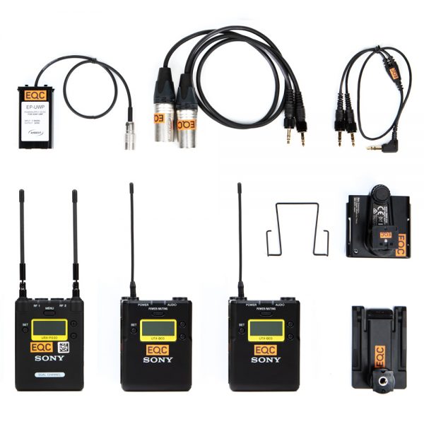 Sony UWP-D Dual Funk Set mit Kabeln, XLR-Adaptern und Halteklemme im vollständigen Lieferumfang.