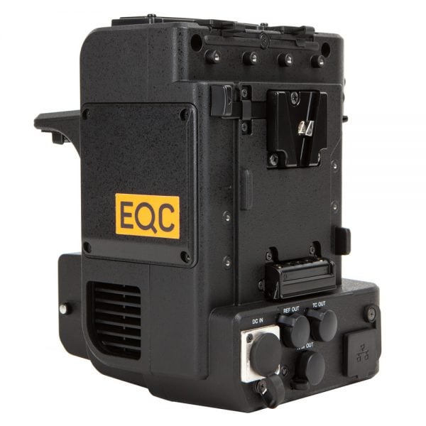 Sony XDCA-FX9 Erweiterungsmodul mit V-Mount-Akkuhalterung und 4-poligem Hirose-DC-Ausgang, freigestellt.