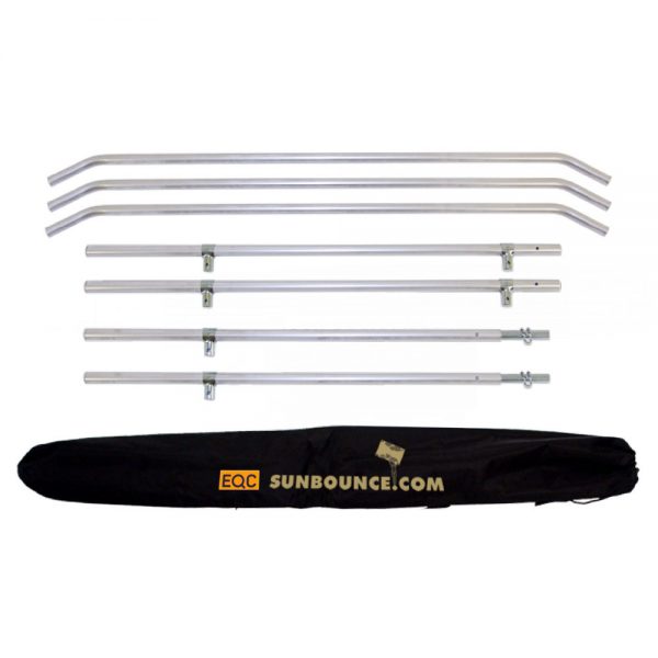 Sunbounce Sun-Bouncer Pro Zubehör mit sieben Griphead-Rahmenteilen und Tragetasche.