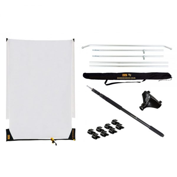 Sunbounce Sun-Swatter Pro Zubehör mit Alumaschine-Rahmen, Boomstange und Tragetasche.
