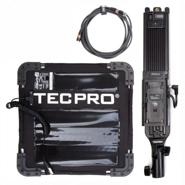Tecpro Liteflex Bicolor, ein flexibles 1x1-LED-Panel mit 48 W Leistung aus einem BP-U-Akku und IP67 auf der LED-Seite.