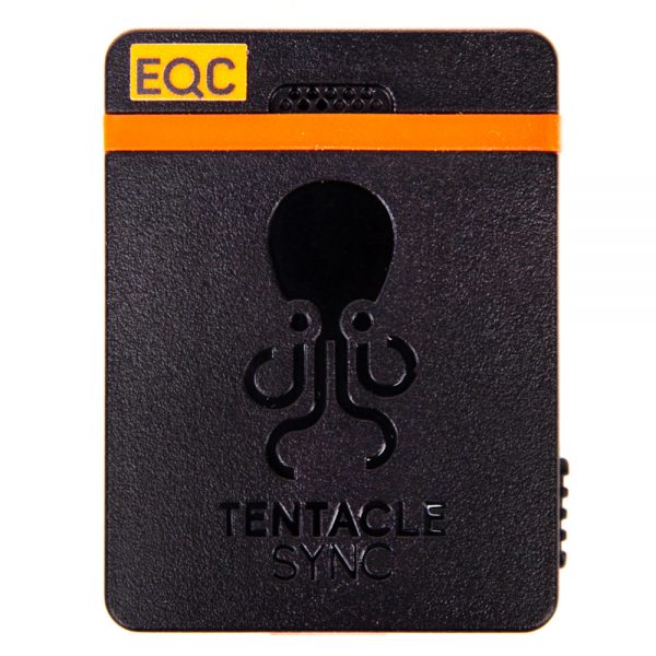Tentacle Sync Tentacle E Timecode-Generator von der Rückseite mit Octopus-Logo und EQC-Kennzeichnung.