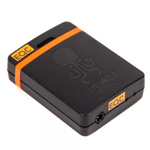 Tentacle Sync Tentacle E Timecode-Generator, kompaktes schwarzes Gehäuse mit orangefarbenem Streifen und Octopus-Logo.