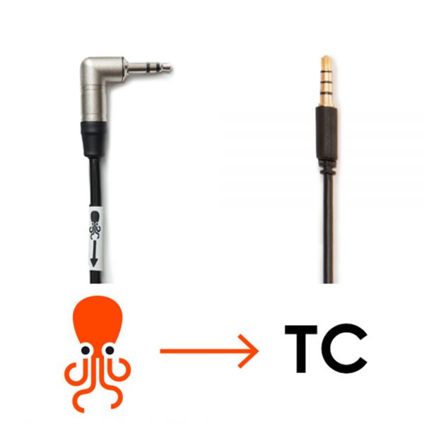Tentacle Sync Kabel mit gewinkelter Miniklinke auf geraden TRRS-Stecker zur Timecode-Aufnahme am iPhone.