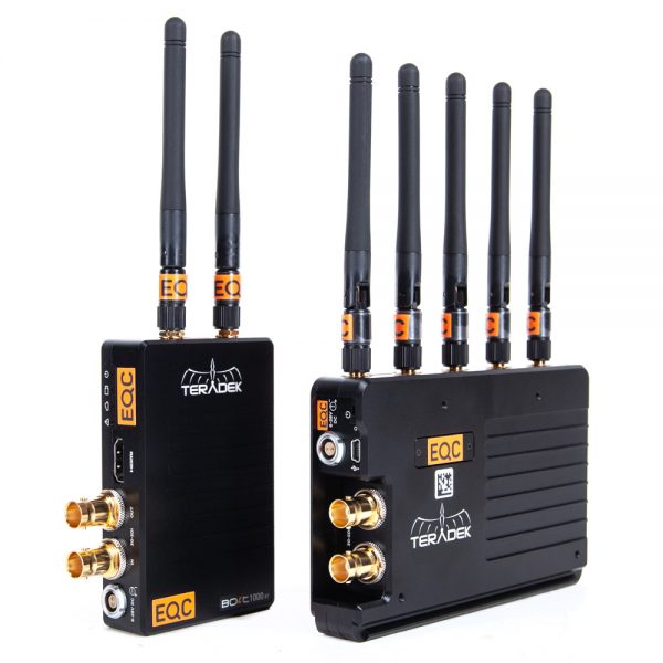 Teradek Bolt 1000 XT Sender und Empfänger von der Seite mit sichtbaren BNC- und Antennenanschlüssen.