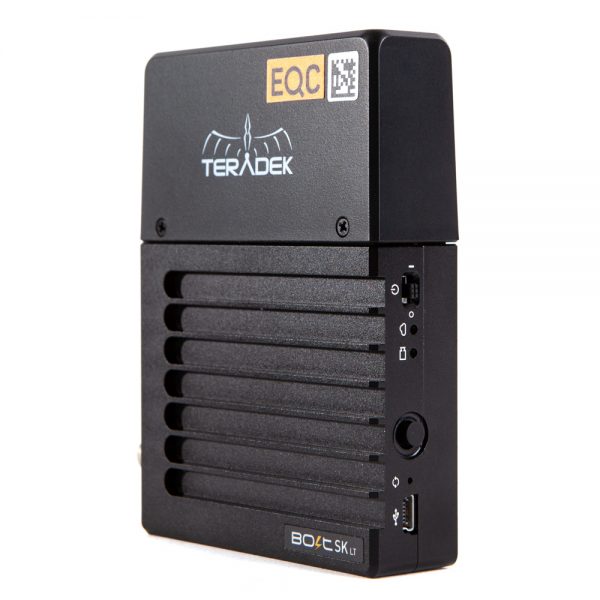 Teradek Bolt 500 Sidekick LT Empfänger in Schrägansicht mit Bedientaste und LED-Statusanzeige.