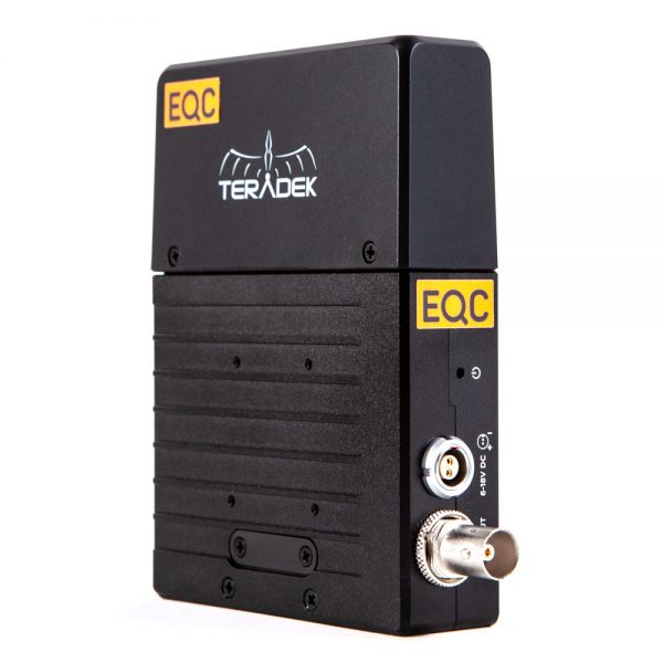 Teradek Bolt 500 Sidekick LT Empfänger von hinten mit zwei goldfarbenen BNC-Anschlüssen und EQC-Etiketten.