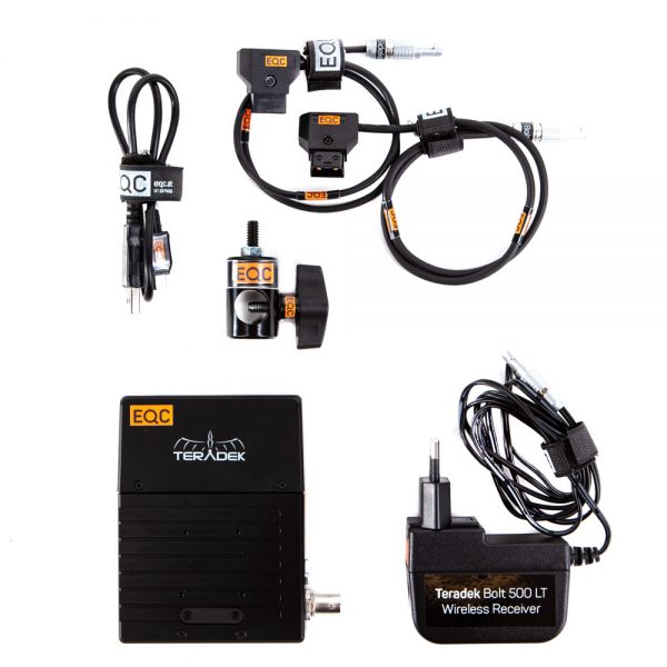 Zubehör des Teradek Bolt 500 Sidekick LT mit D-Tap-Kabel, Klemmhalterung und externem Netzteil.