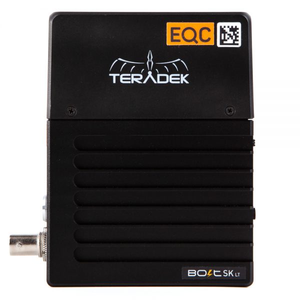 Teradek Bolt 500 Sidekick LT Empfänger, kompaktes Gehäuse mit BNC-Ausgang und gelbem EQC-Aufkleber.
