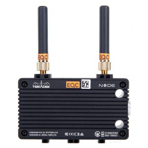 Teradek Node LTE-Modem mit zwei Antennen und schwarzem Aluminiumgehäuse für den mobilen Einsatz.