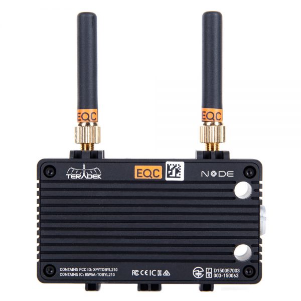 Teradek Node LTE-Modem mit zwei Antennen und schwarzem Aluminiumgehäuse für den mobilen Einsatz.