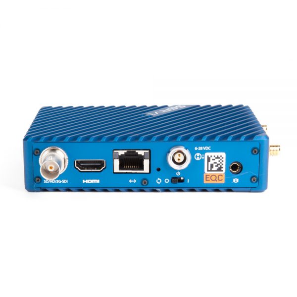 Teradek Serv Pro von hinten mit SDI-, HDMI- und Ethernet-Anschlüssen sowie DC-Stromeingang.