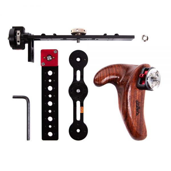 Tilta Nucleus-M Monitorhalterung im Set mit Rosettenmontage, Rod-Halterung und Holzgriff.