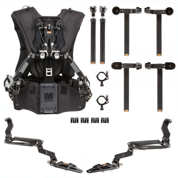 Tiltamax Armor Man 2.0 Exoskelett zerlegt in Weste, Tragarme und Gimbal-Adapter.