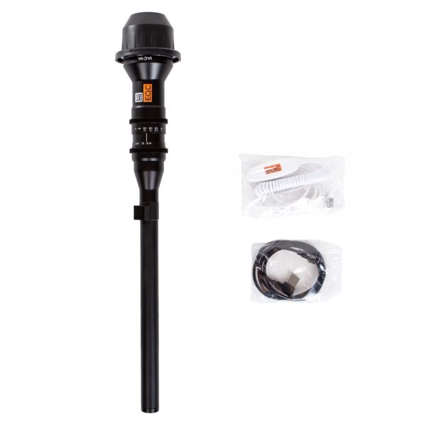 Laowa 24mm f/14 2X Makro Probe-Objektiv PL Mount mit Reinigungsbürste und Anschlusskabel.
