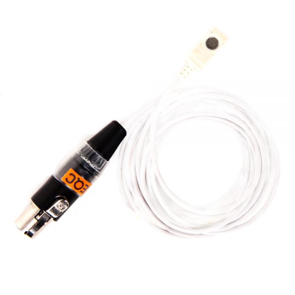 Voice Technologies VT506 Lavaliermikrofon weiß mit XLR-kompatiblem Mini-Stecker und dünnem Kabel.