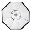 Achteckige Softbox (150 cm) mit Speedring für 360°-Drehung; im Set Wabengitter, zwei Diffusoren, Gold-Silber-Reflektoreinlagen und Tragetasche. Walimex Octagon Softbox mit 150 cm Durchmesser, Bowens-Anschluss und über den Speedring 360° drehbar.