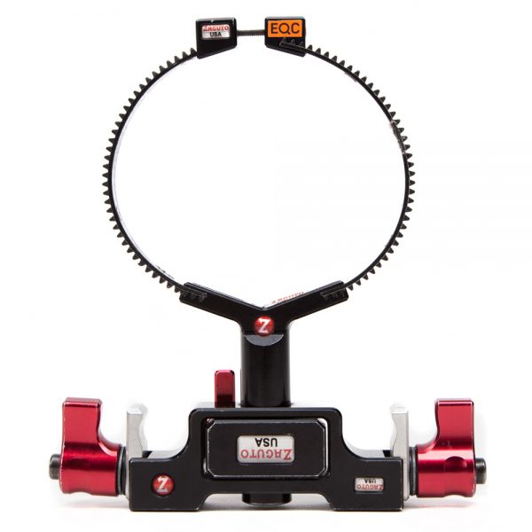 Zacuto Optikstütze für 15-mm-Rods mit gezahntem Ring zur Aufnahme schwerer Objektive.