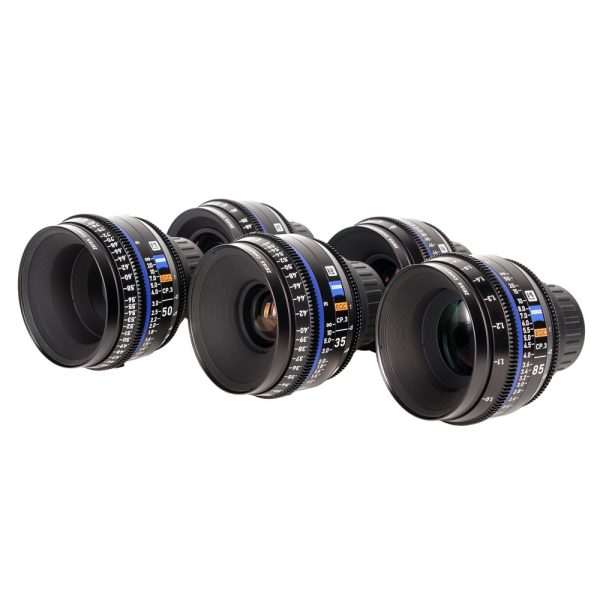 Zeiss CP.3 Optik-Set mit fünf Cine-Objektiven von 15 bis 85 mm und einheitlichem 95 mm Frontdurchmesser.