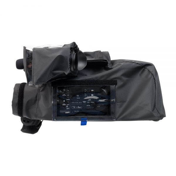 camRade wetSuit Regenschutz für Sony FS7 mit durchsichtigem Sichtfenster über dem Kameradisplay.